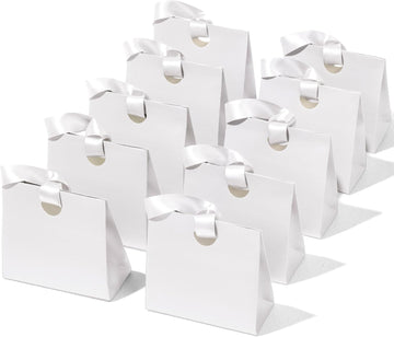 Set of 10 small white paper gift bags with ribbon handles