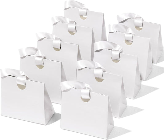 Set of 10 small white paper gift bags with ribbon handles