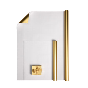 White metallic grid wrapping paper shown in two roll widths with gold backing