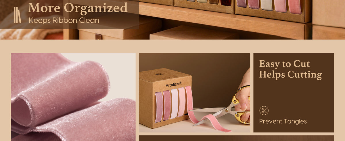 Close-up of the pink and white velvet ribbon set showing plush fabric and an easy-to-cut ribbon edge