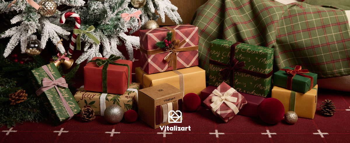 Christmas gifts and greenery decorated with bows made from the pink and white velvet ribbon set