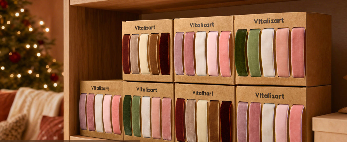 Organized shelf display holding the coordinated rolls in the green and pink velvet ribbon set