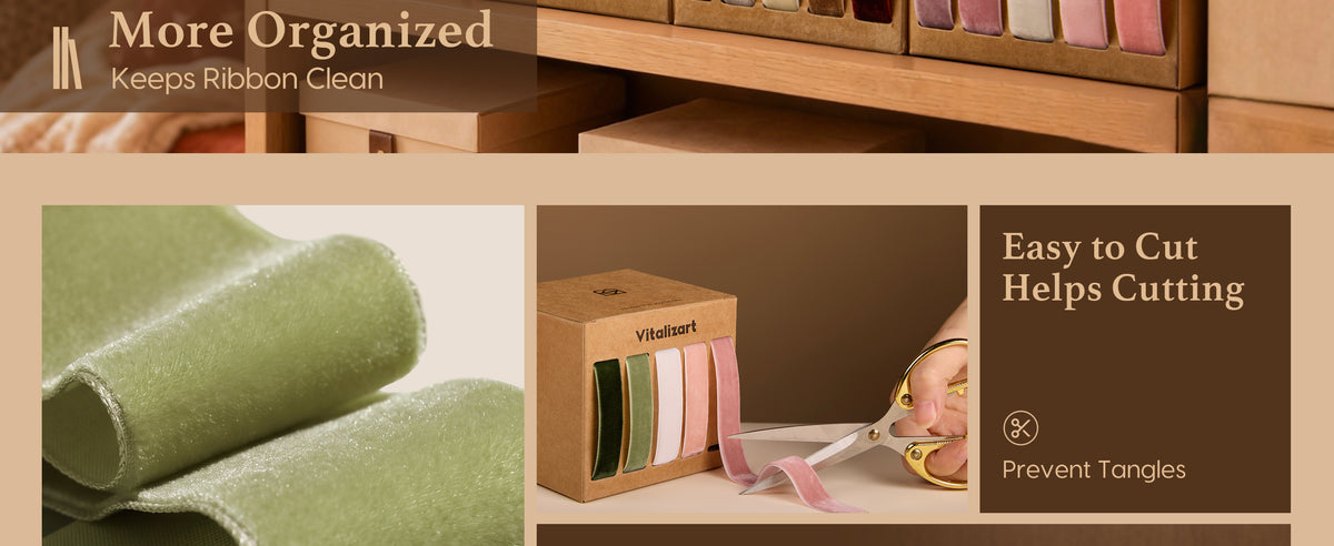Close-up of the green and pink velvet ribbon set showing plush fabric and an easy-to-cut ribbon edge