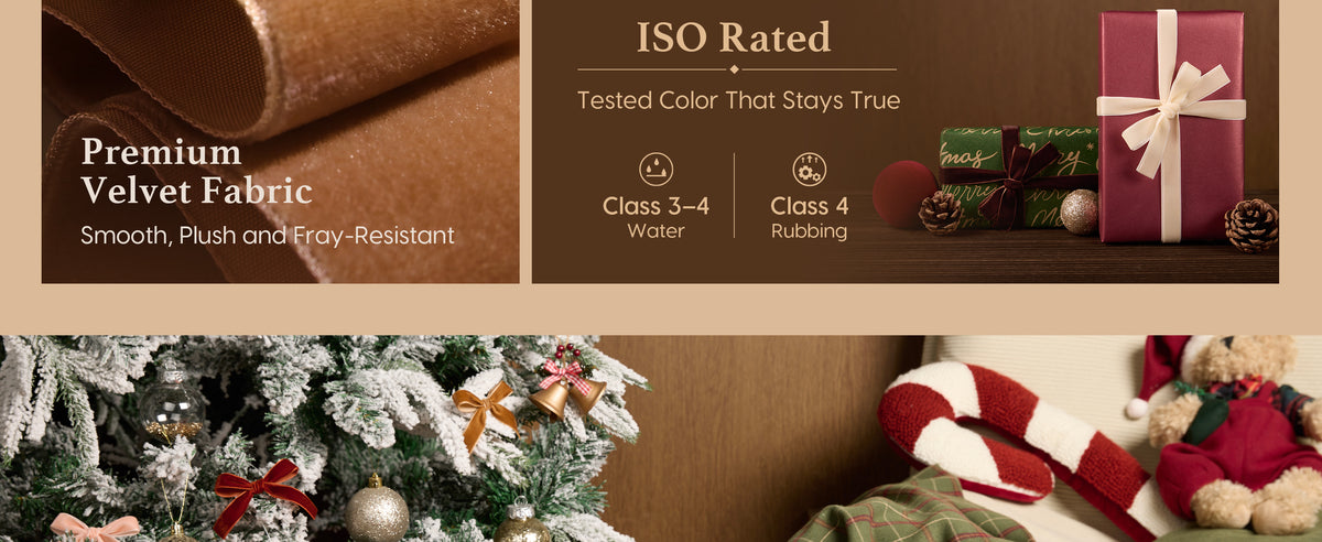 Brown, nude, and ivory velvet ribbon set shown with packaging and colorfastness information for the ribbon colors
