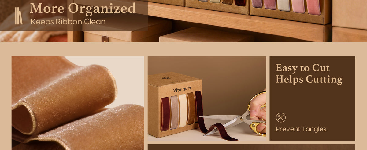 Close-up of the brown, nude, and ivory velvet ribbon set showing plush fabric and an easy-to-cut ribbon edge