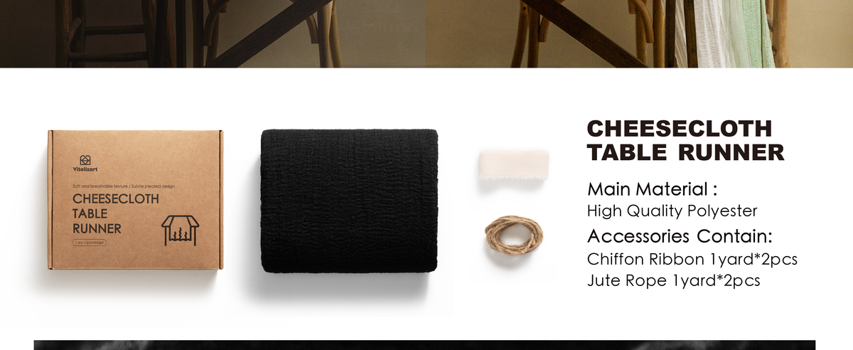 Folded black polyester cheesecloth table runner with box, chiffon ribbon, and jute rope.