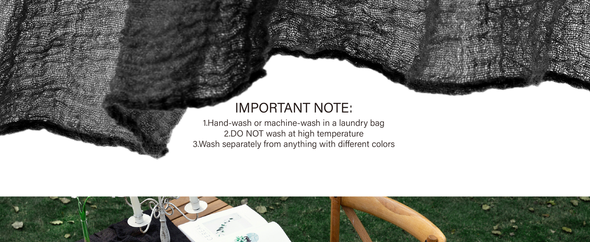 Sheer black cheesecloth table runner with stitched edge and washing instructions.