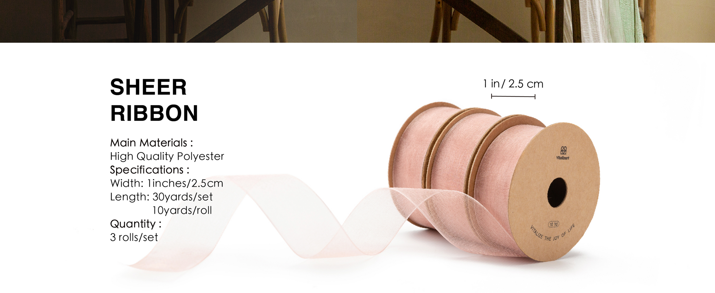 Three rolls of rose-pink sheer polyester ribbon, 1 inch wide and 30 yards total