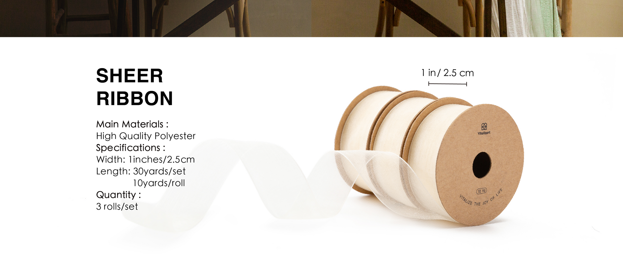 Three rolls of ivory sheer polyester ribbon, 1 inch wide and 10 yards each, with specifications.