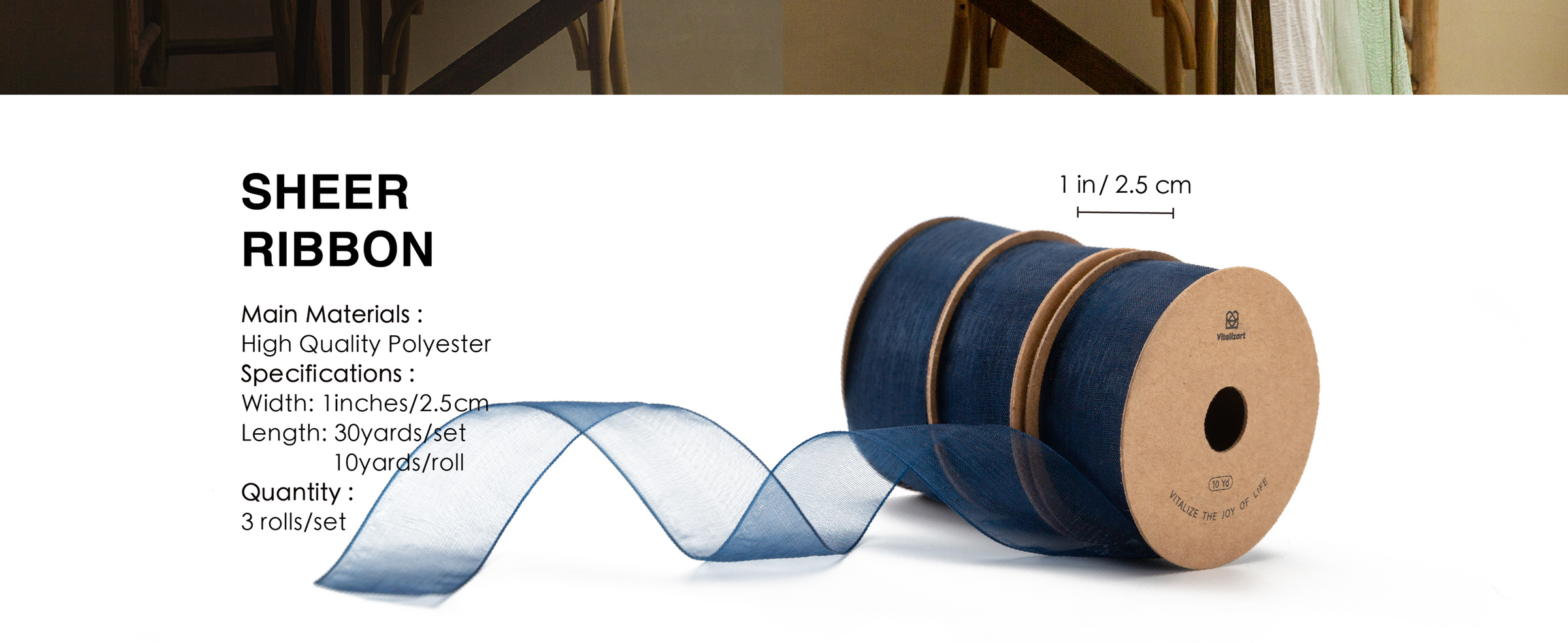 Three rolls of navy sheer polyester ribbon, 1 inch wide and 10 yards each, with specifications.