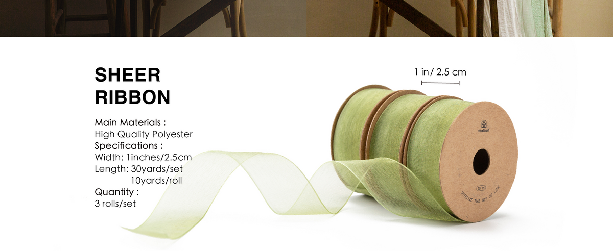 Three rolls of sage green sheer polyester ribbon, each 1 inch wide and 10 yards long.