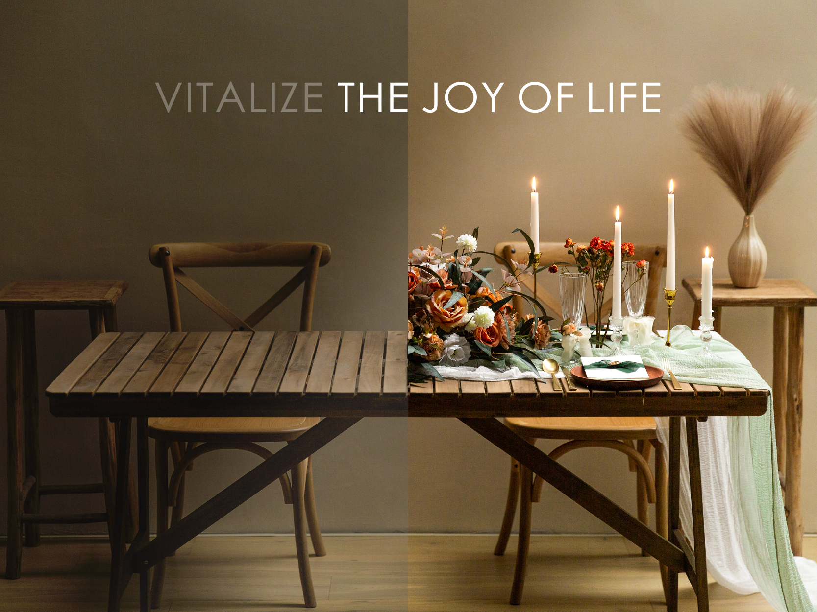 Before-and-after dining table styled with green ribbon accents, flowers, linens, and lit candles