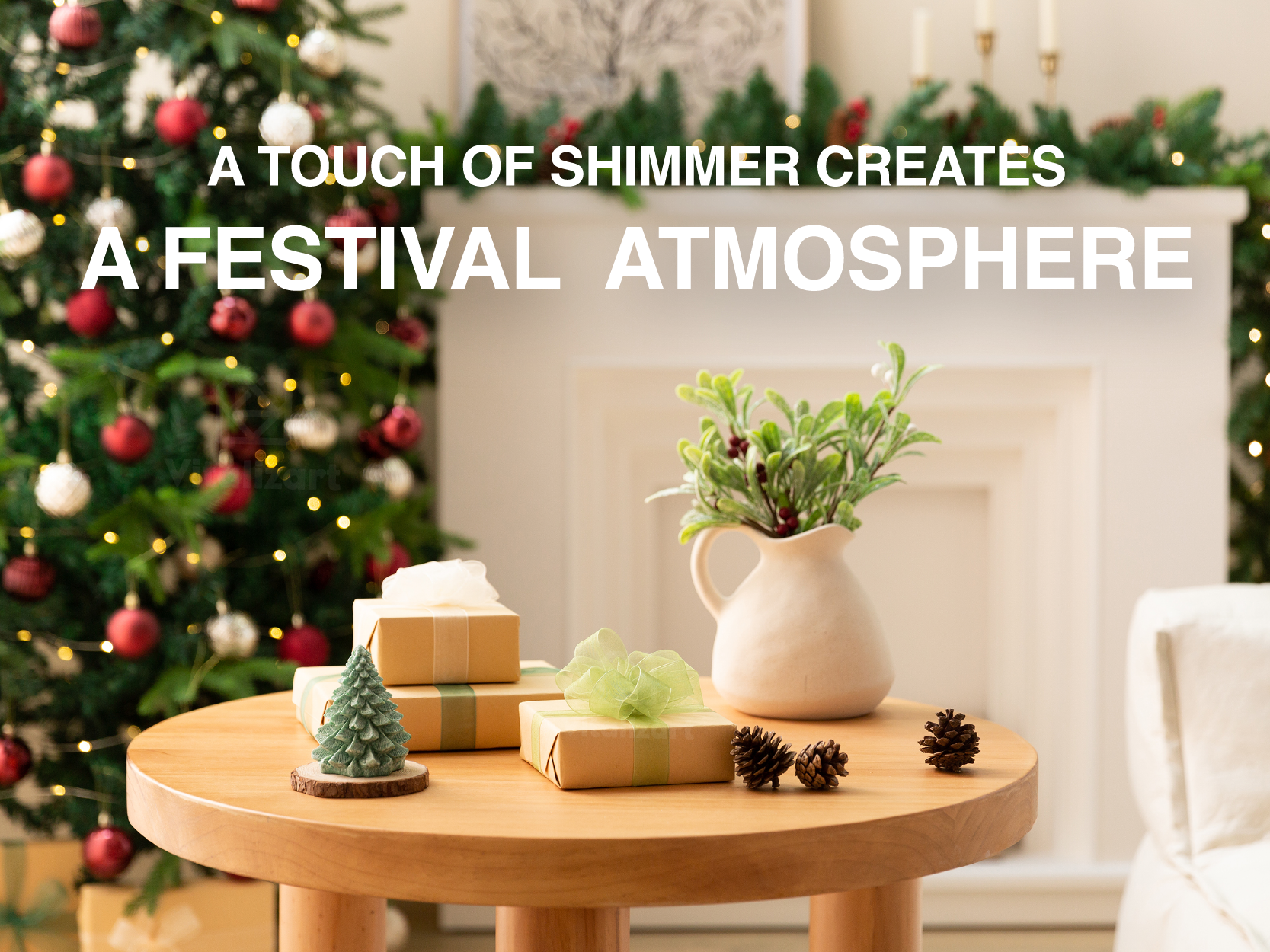 Pale green sheer ribbon wraps holiday gifts beside pinecones and a glowing Christmas tree