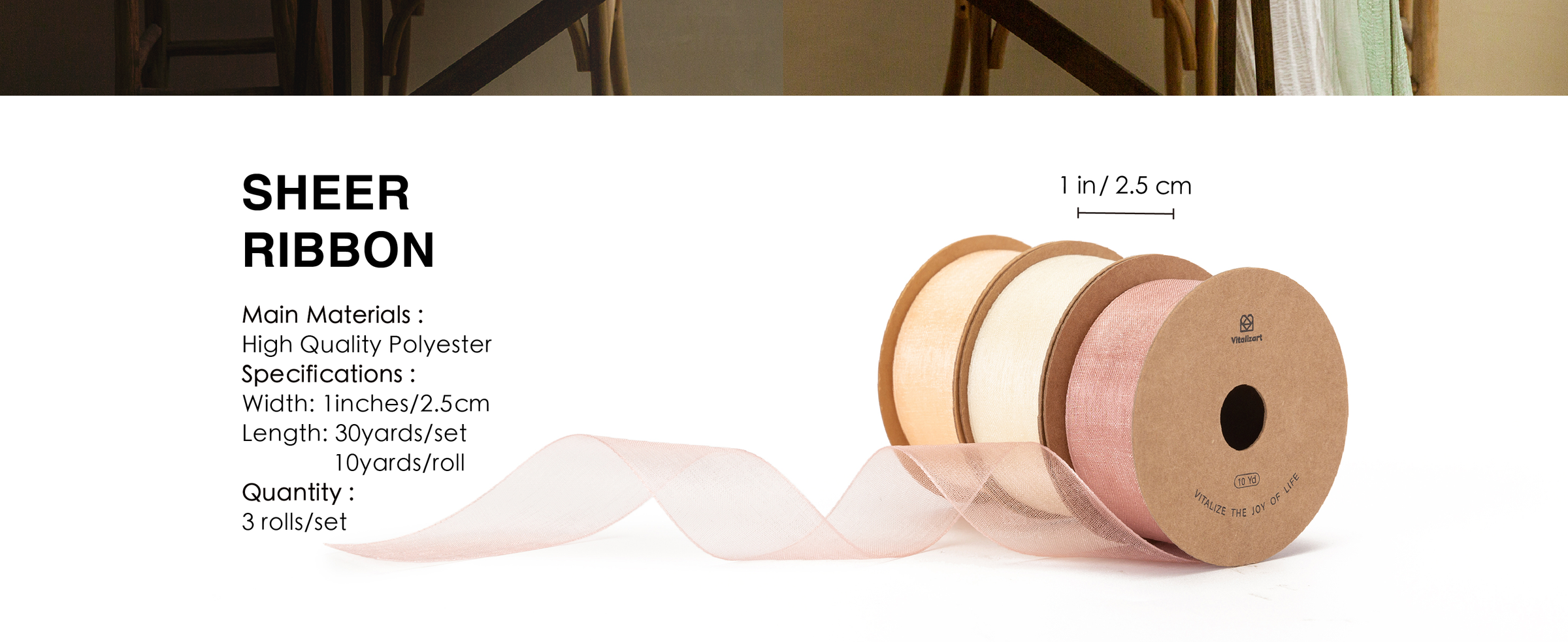 Three sheer polyester ribbon rolls in peach cream, ivory, and rose pink, each 1 inch wide and 10 yards long