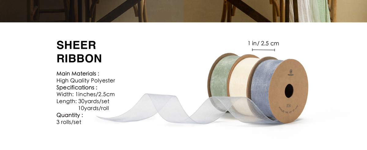 Three pale green, cream, and light blue polyester sheer ribbon rolls, each 1 inch wide and 10 yards long