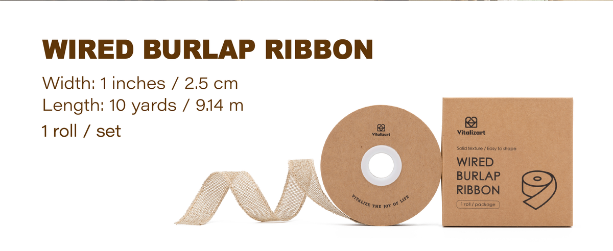 Beige 1-inch wired burlap ribbon roll with open weave and shapeable stitched edges