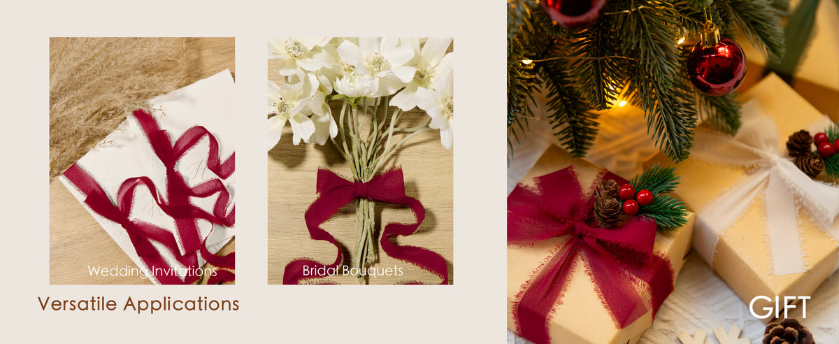 Red frayed-edge ribbon used for wedding invitations, a bridal bouquet, and gift wrapping
