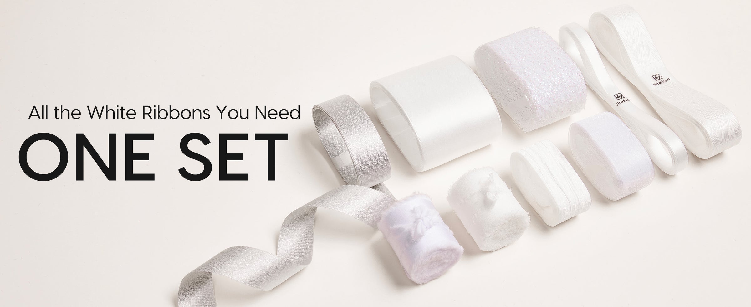 Assorted white and silver ribbon set with satin, sheer, metallic, mesh, and fringed textures.