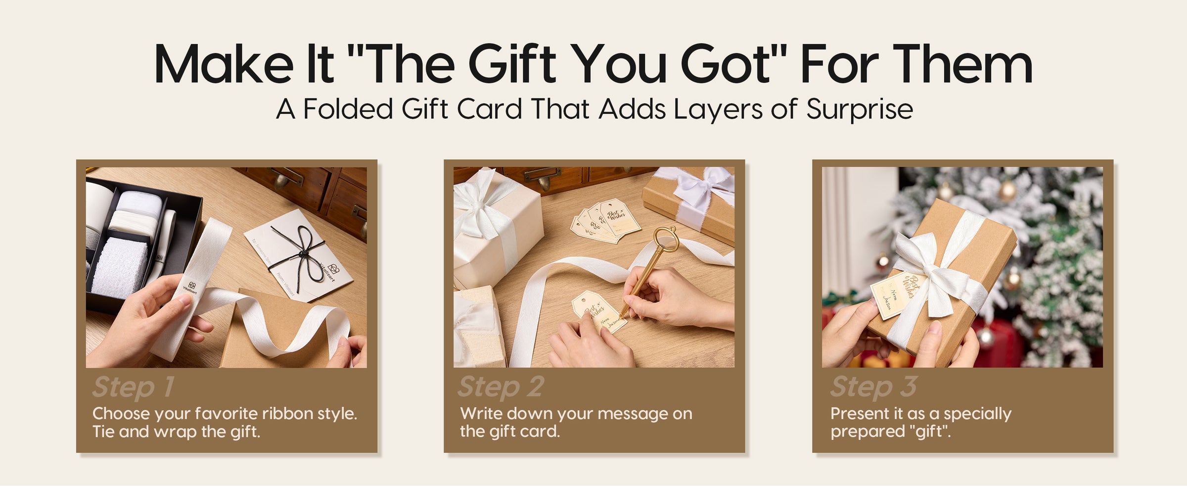 Three steps show choosing white ribbon, writing a gift card, and finishing a kraft gift box.