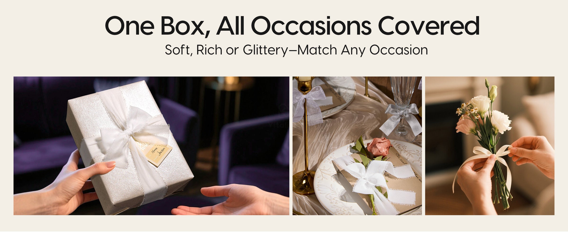 White ribbons decorate a silver gift box, formal place setting, and flower bouquet.