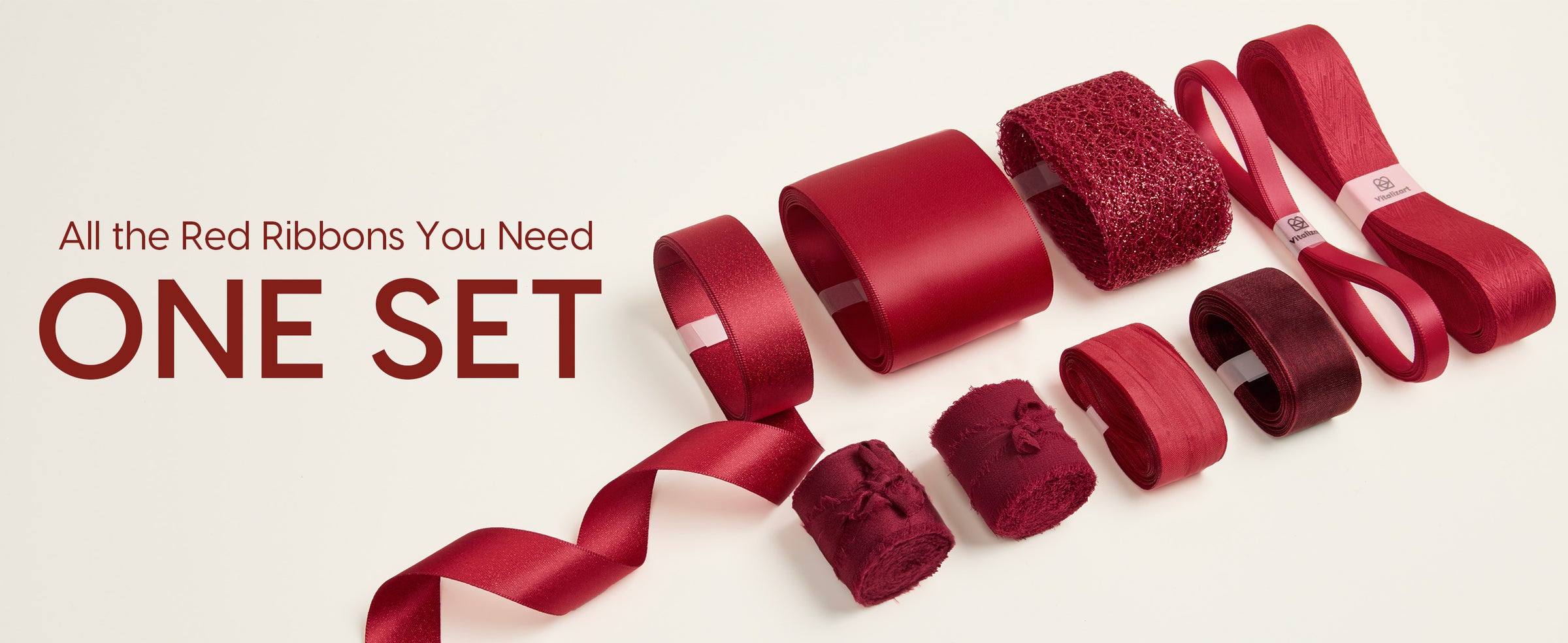 Assorted red and burgundy ribbon set with satin, sheer, glitter mesh, and fringed textures.