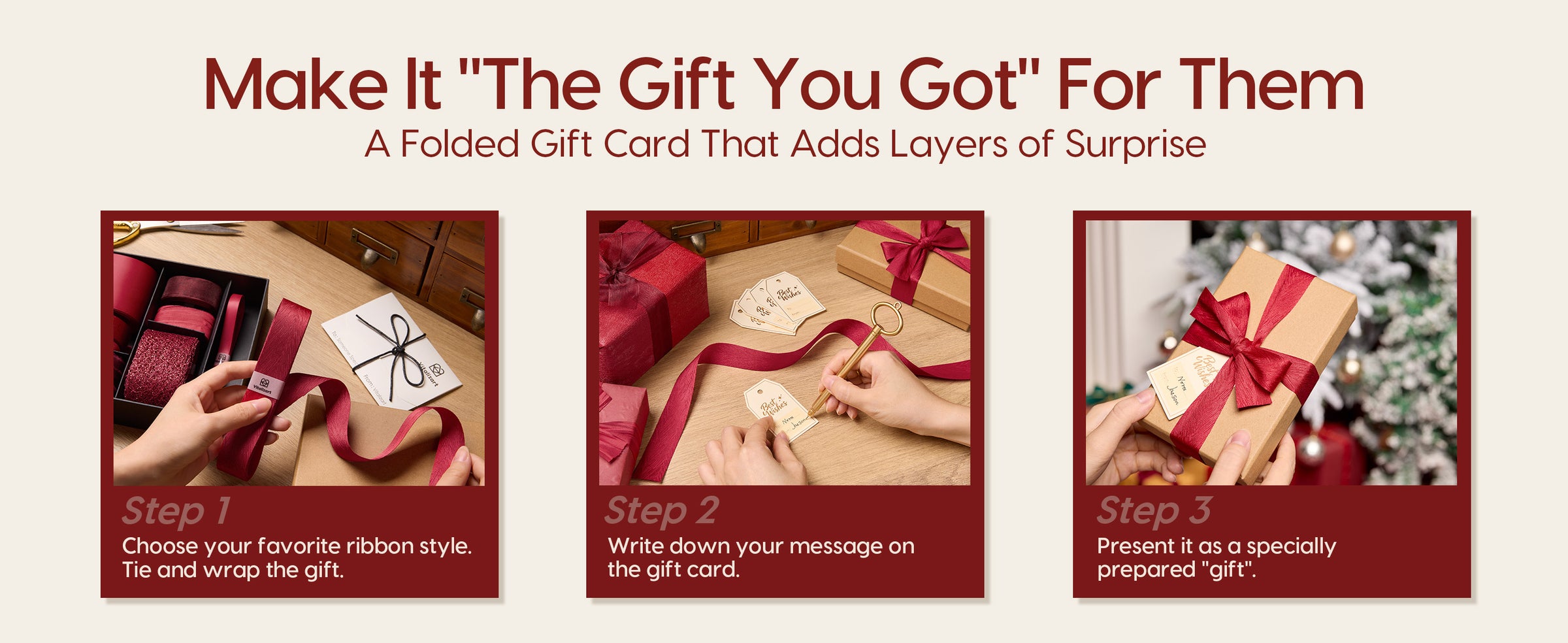 Three-step sequence for choosing red ribbon, writing a gift tag, and presenting a bow-tied kraft gift box