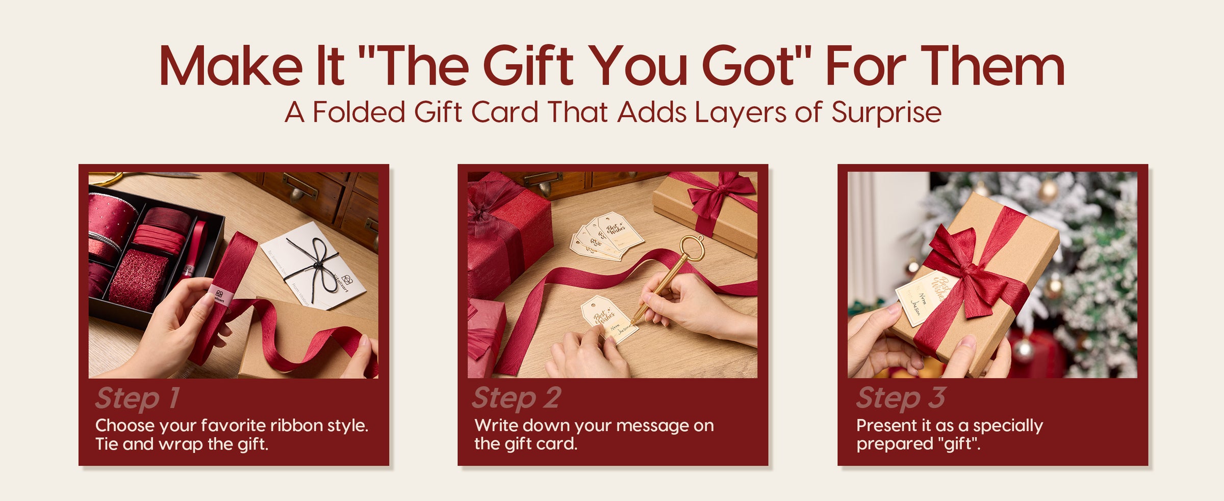 Three-step sequence for choosing red ribbon, writing a gift tag, and presenting a bow-tied kraft gift box