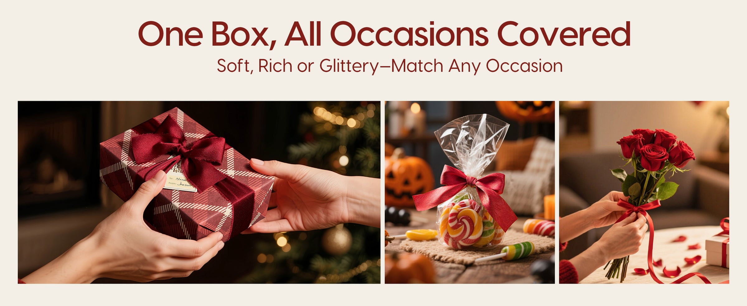 Red ribbons decorate a plaid gift box, candy bag, and rose bouquet for different occasions