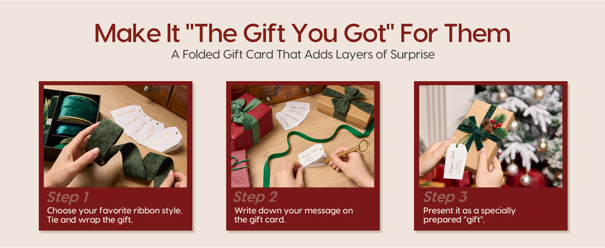 Three steps show green ribbon wrapping, a handwritten gift tag, and a decorated kraft Christmas gift