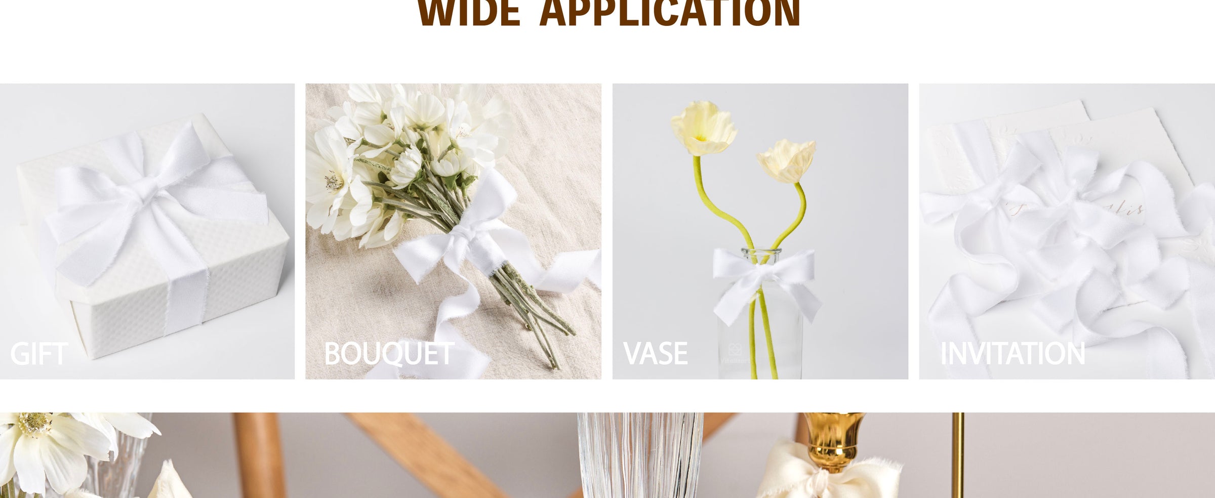 White frayed-edge ribbon tied as a vase bow and arranged in bows and loose lengths on invitations.