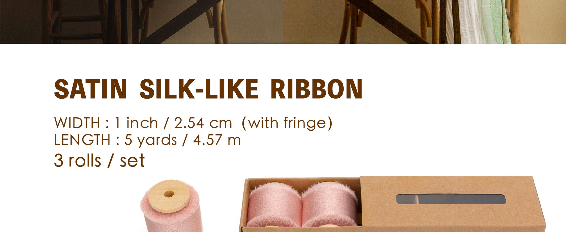 Three light pink satin-like ribbon rolls with frayed edges, each 1 inch wide and 5 yards long, in a kraft box.