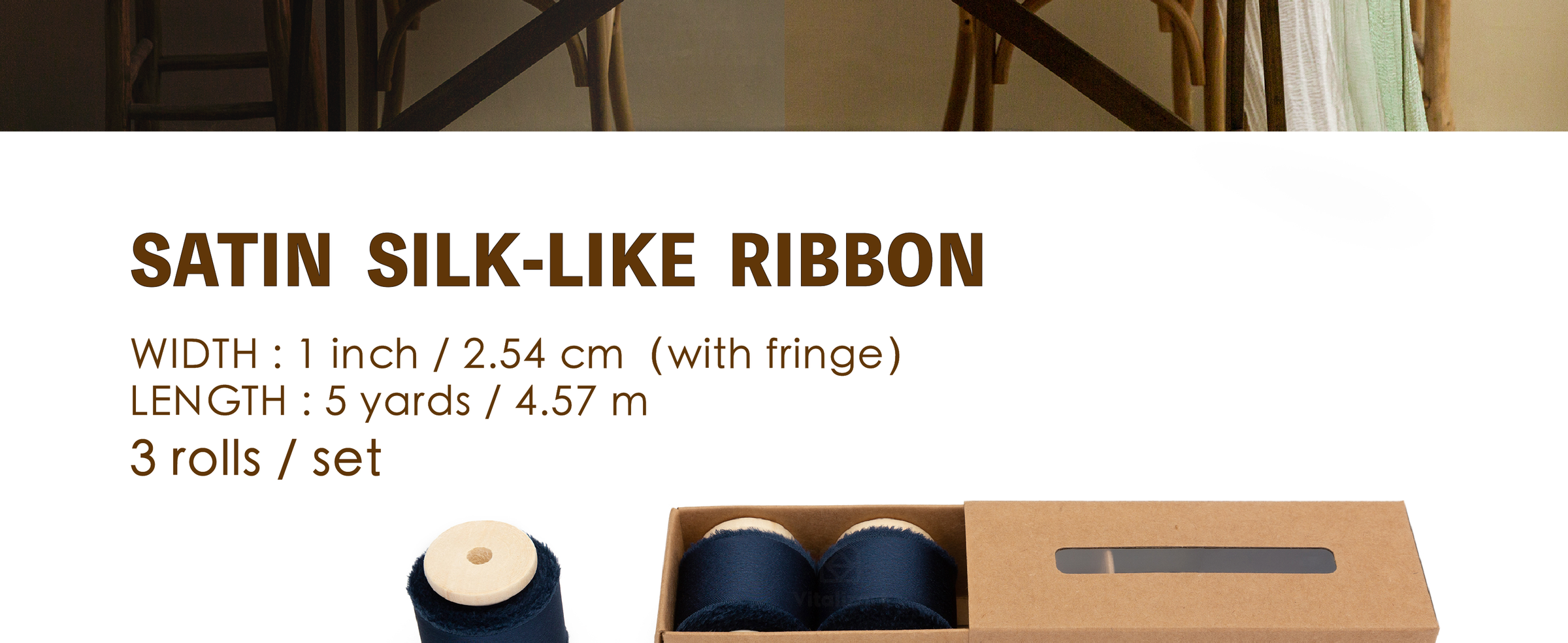 Three navy satin ribbon rolls on wooden spools, each 1 inch wide and 5 yards long, with frayed edges.