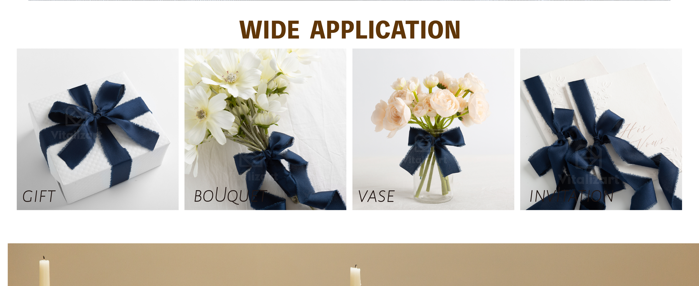 Navy frayed satin ribbon used on a gift, bouquet, flower vase, and white wedding invitations.
