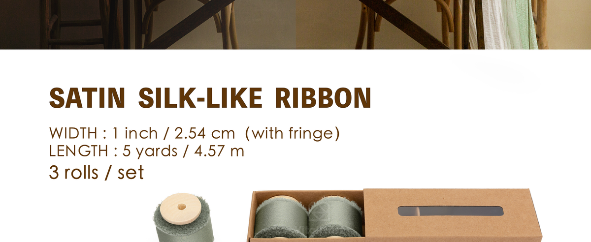 Three dusty green satin-like ribbon rolls with frayed edges, each 1 inch wide and 5 yards long.