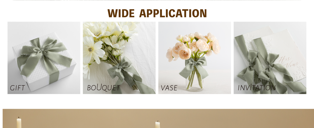 Dusty green frayed satin ribbon bows decorating a flower vase and white invitations