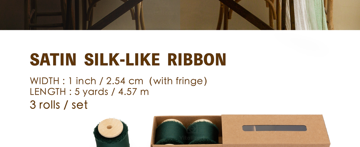 Three rolls of one-inch dark green satin-like frayed ribbon on wooden spools with kraft box