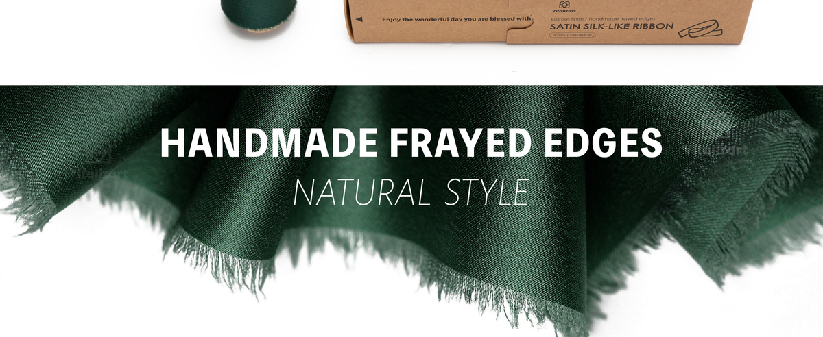 Close-up of dark green satin ribbon with a lustrous woven surface and softly frayed edges