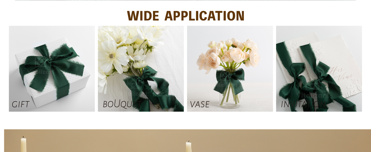 Dark green frayed-edge satin ribbon decorating a flower vase, invitations, bouquet, and gifts.