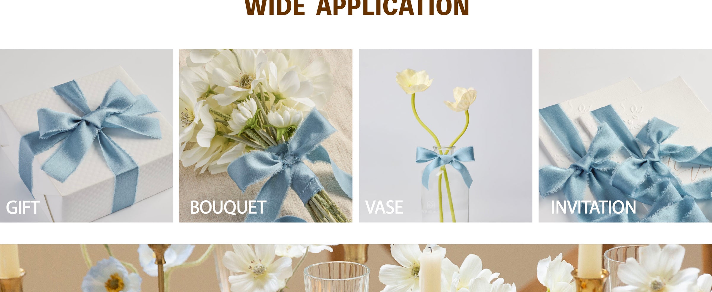 Dusty blue frayed-edge satin ribbon decorating a flower vase, invitations, bouquet, and gift.