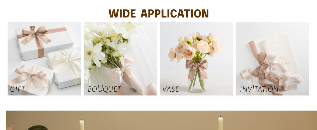 Cream, champagne, and nude satin ribbons decorating gifts, a bouquet, vase, and invitations.
