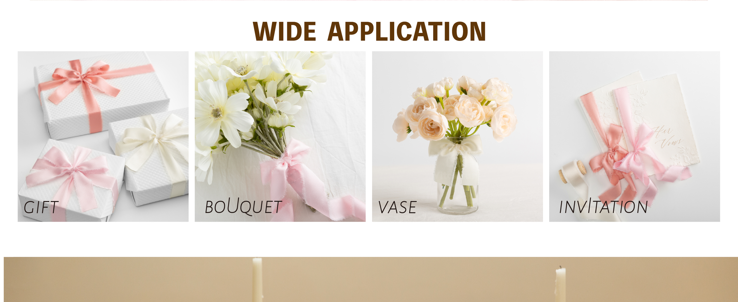 Frayed satin ribbon decorates a flower vase and embossed invitations in cream, pink, and peach