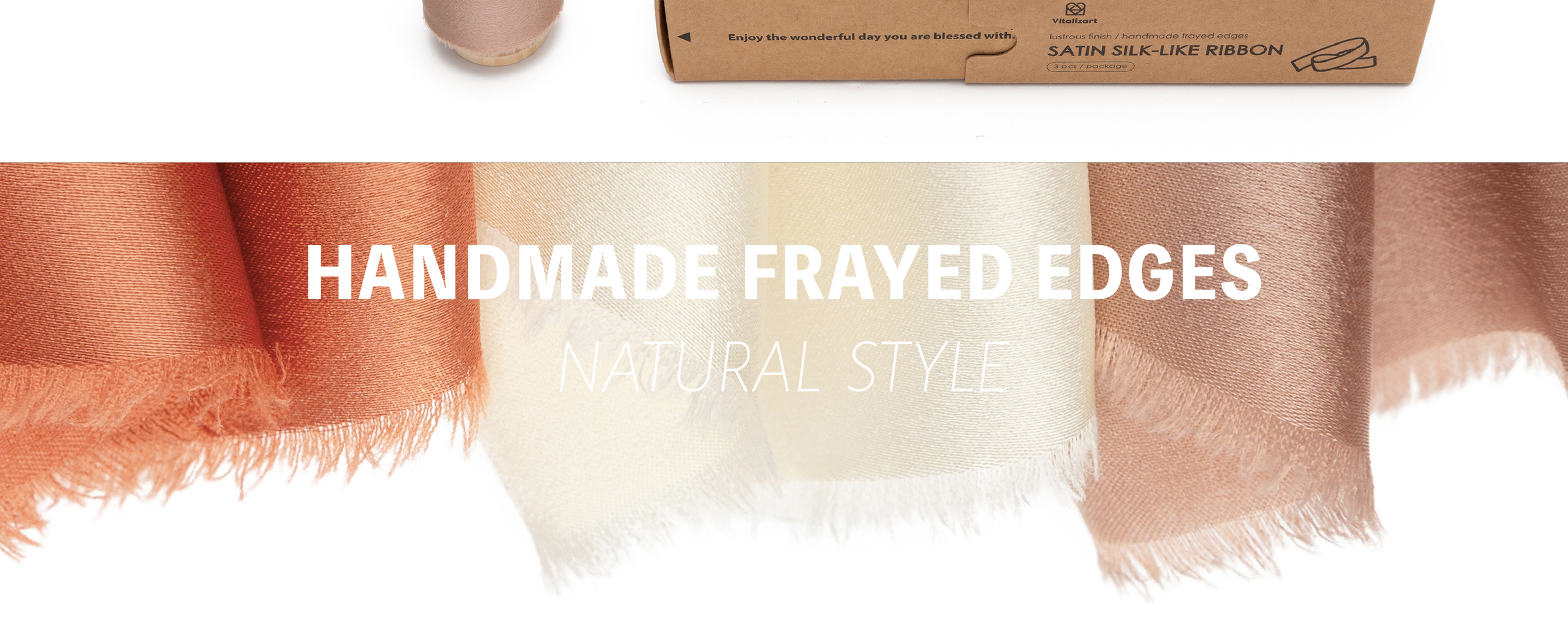 Cream, terracotta, and taupe satin ribbons with a smooth sheen and handmade frayed edges