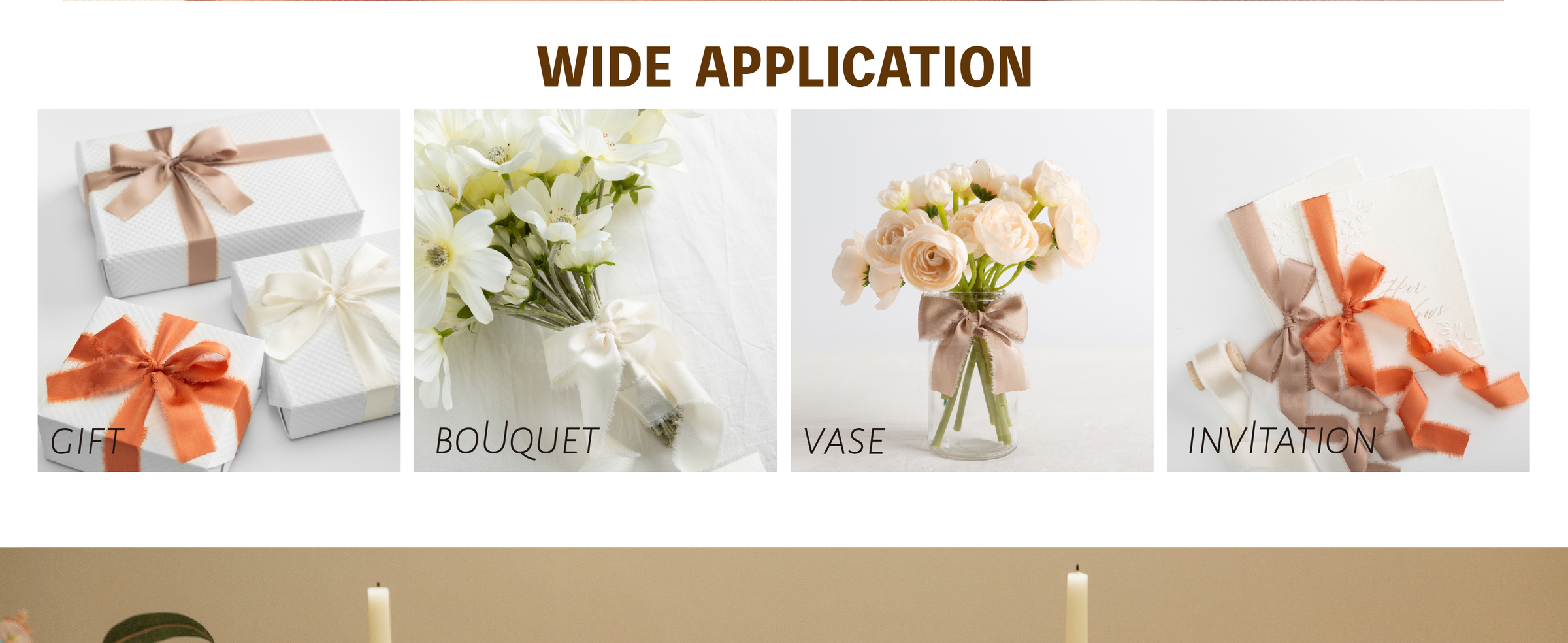 Terracotta, taupe, and cream frayed satin ribbon decorates a flower vase and embossed invitations