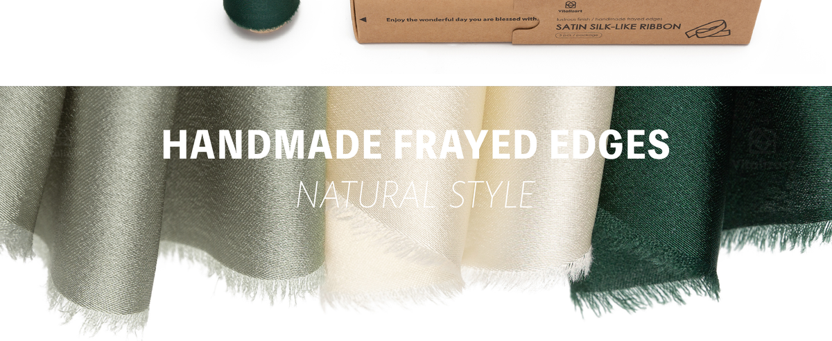 Dark green, cream, and sage gray satin ribbons with a smooth sheen and handmade frayed edges