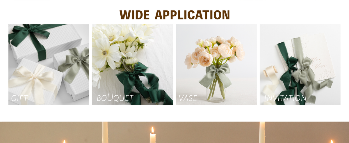 Green, sage, and cream frayed satin ribbon decorating gifts, flowers, a vase, and an invitation.