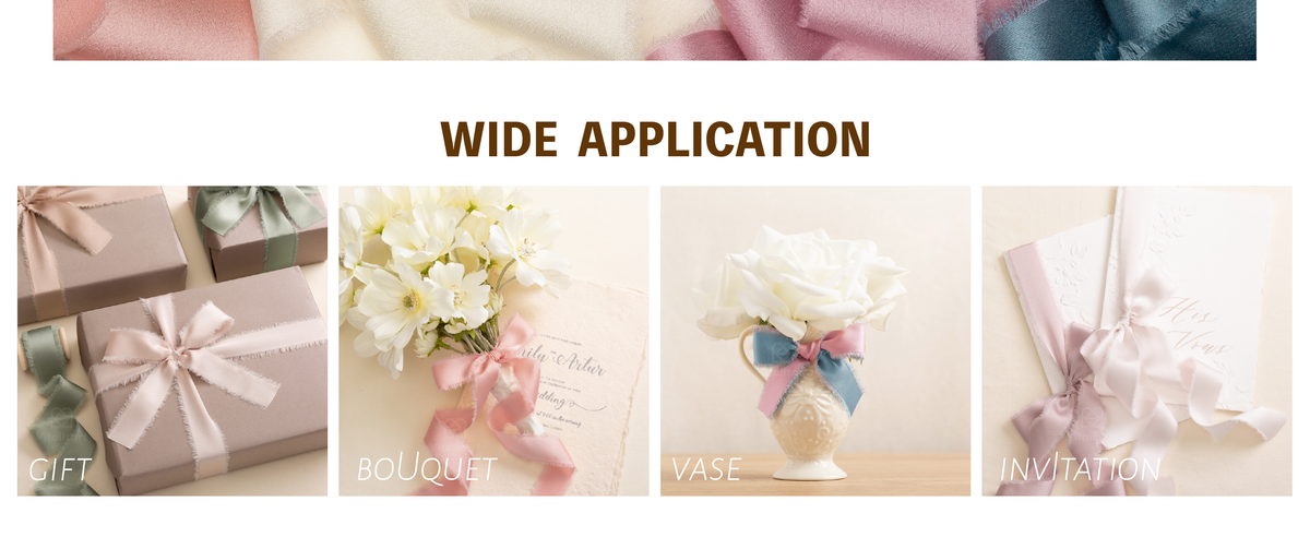 Pink, blue, sage, and lavender frayed satin ribbon decorating gifts, flowers, a vase, and an invitation.