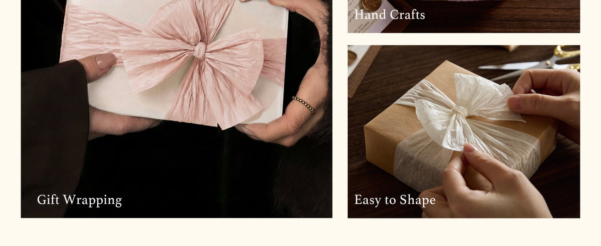 Pale pink and white crinkle paper ribbon shaped into bows on white and kraft gift boxes.