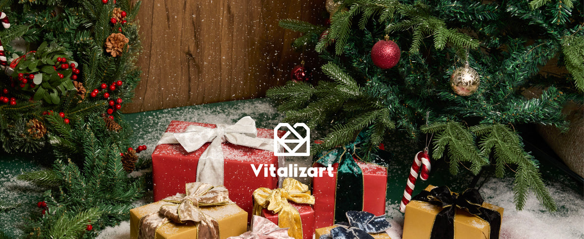 Christmas gifts tied with multicolor velvet ribbon bows beneath decorated evergreen trees.