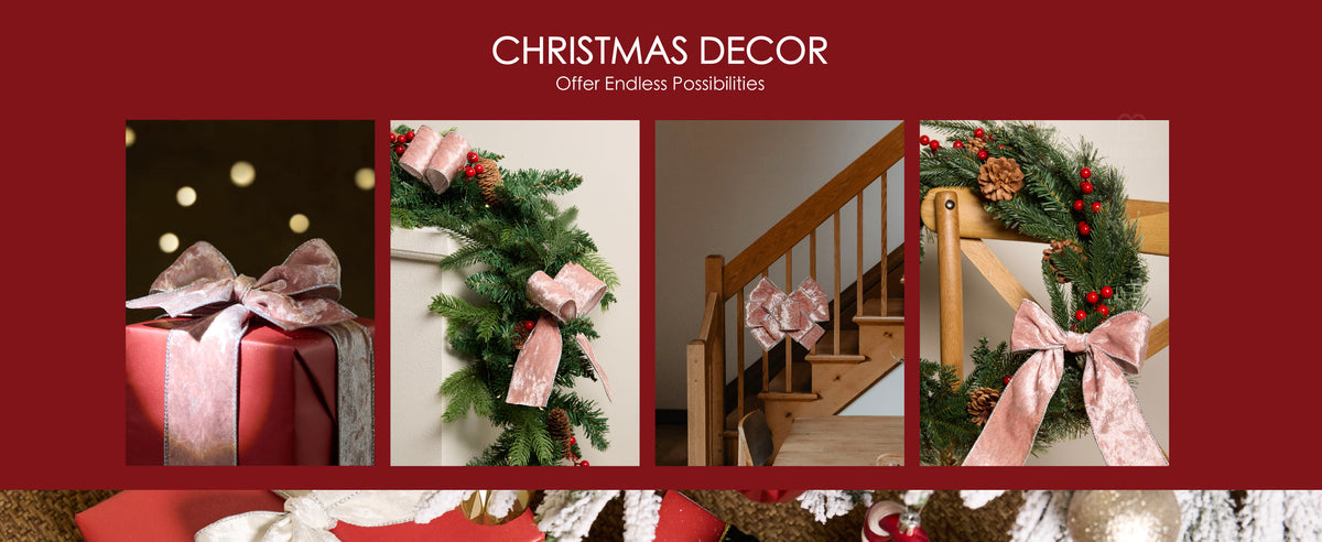 Pink wired velvet ribbon decorating gifts, evergreen garland, a stair bow, and wreath