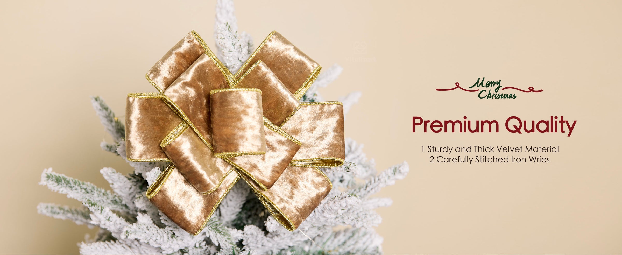 Large nude champagne wired velvet bow with gold-stitched edges on a flocked Christmas tree